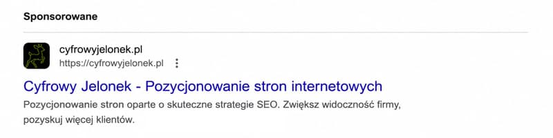 Przykład płatnej reklamy wyświetlanej w wynikach wyszukiwania.